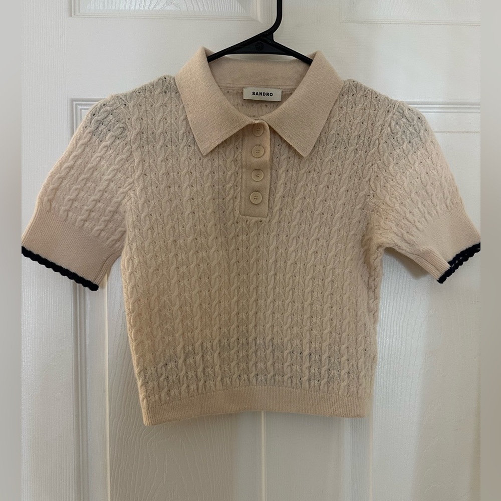 Sandro Beige Short-Sleeve Cable Knit Polo with Black Trim